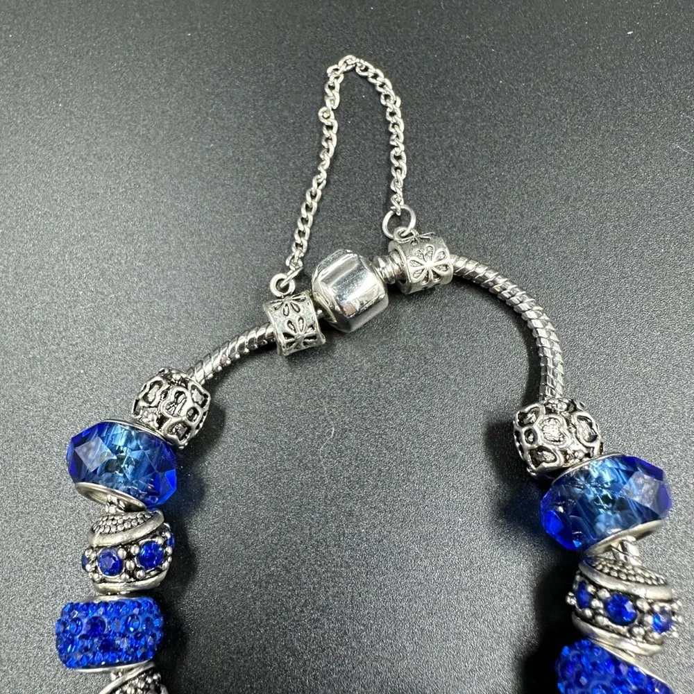 Blue Crystal and Silver Tone Slider Charm Bracelet Safety Chain